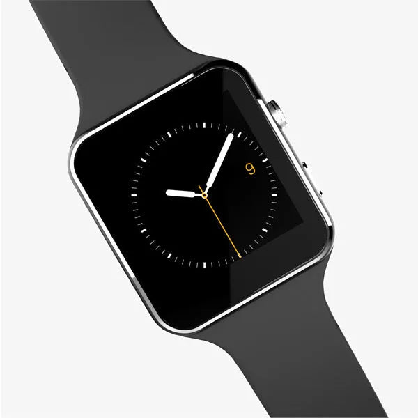 Black smart watch with 1.54 inch touch screen and silicone strap on wrist