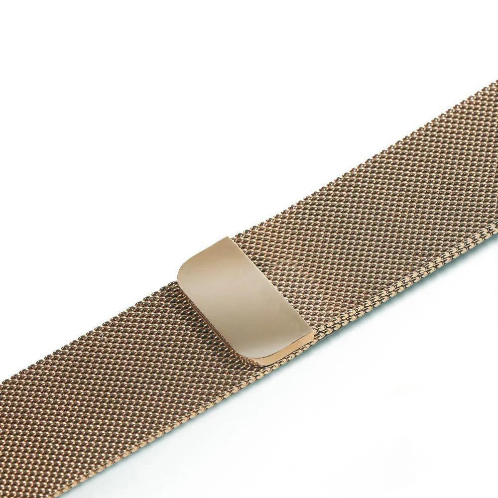 Stainless steel watch strap in silver, shown next to black, gold, and rose gold colour options.