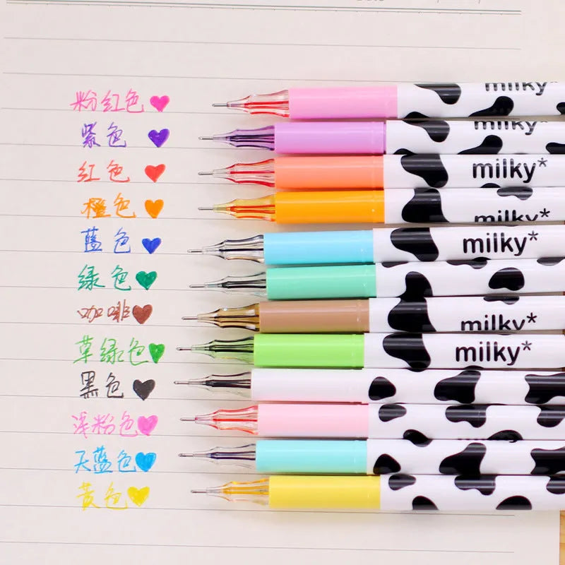 Box of 12 cow print gel pens with a 0.38mm fine tip in assorted colours.