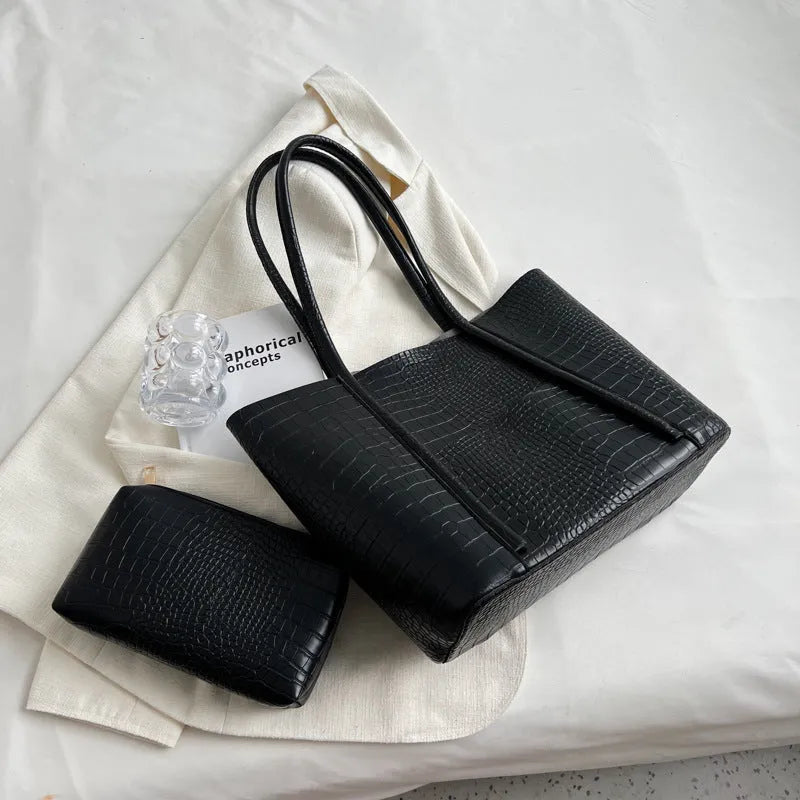 Embossed PU leather shoulder tote bag in beige with open pocket, 38cm width, 28cm height, soft handle