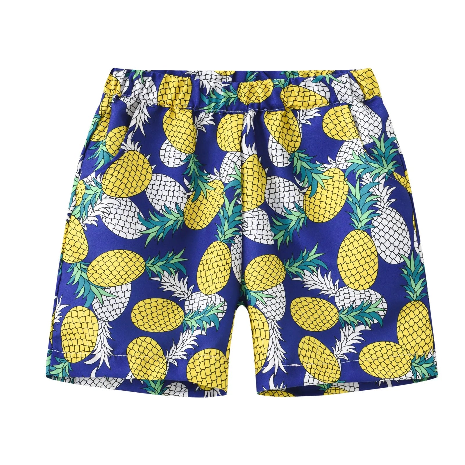 Printed beach shorts with elastic waistband in multiple colour patterns including coconut trees and pineapple design