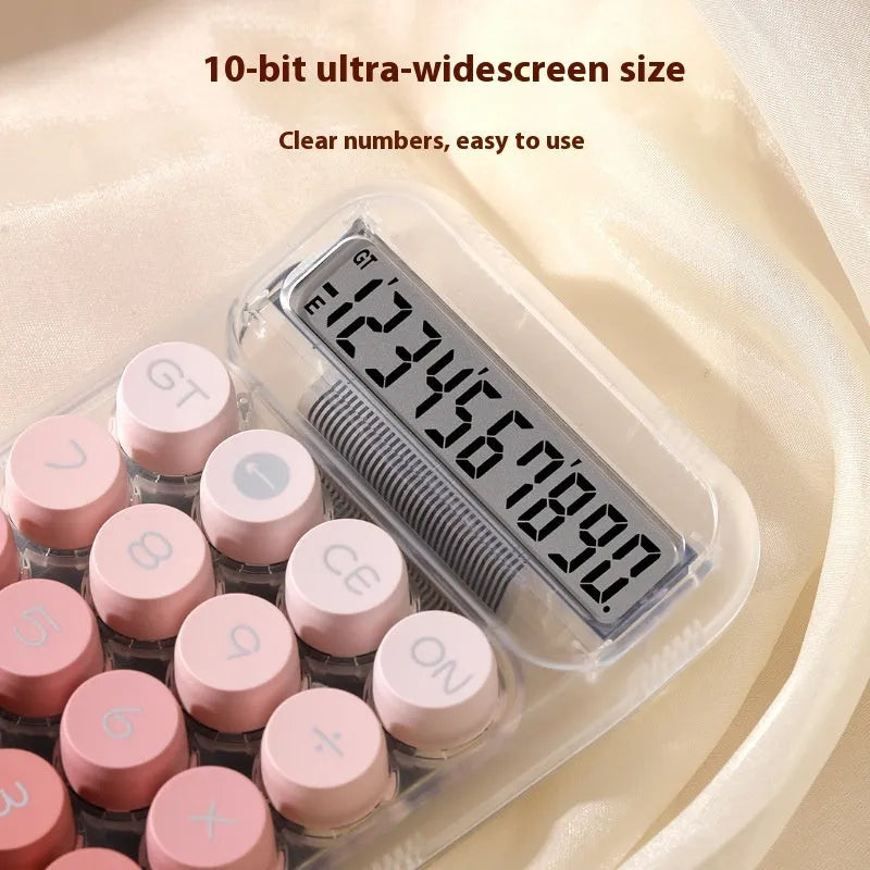 Keyboard-style gradient colour calculator in mute blue, green, pink, or purple on a desk.