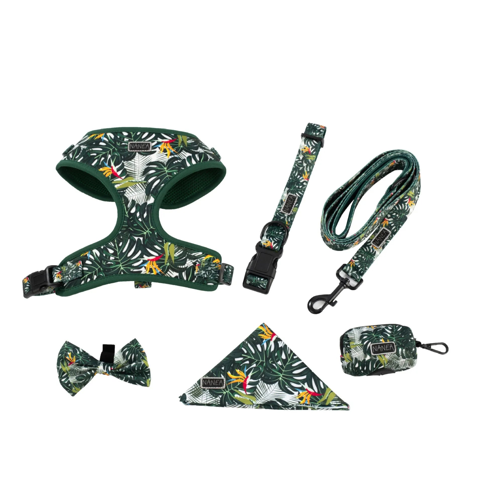 Six-piece adjustable dog harness set with leash, collar, waste bag, bow, and scarf on a blue background.
