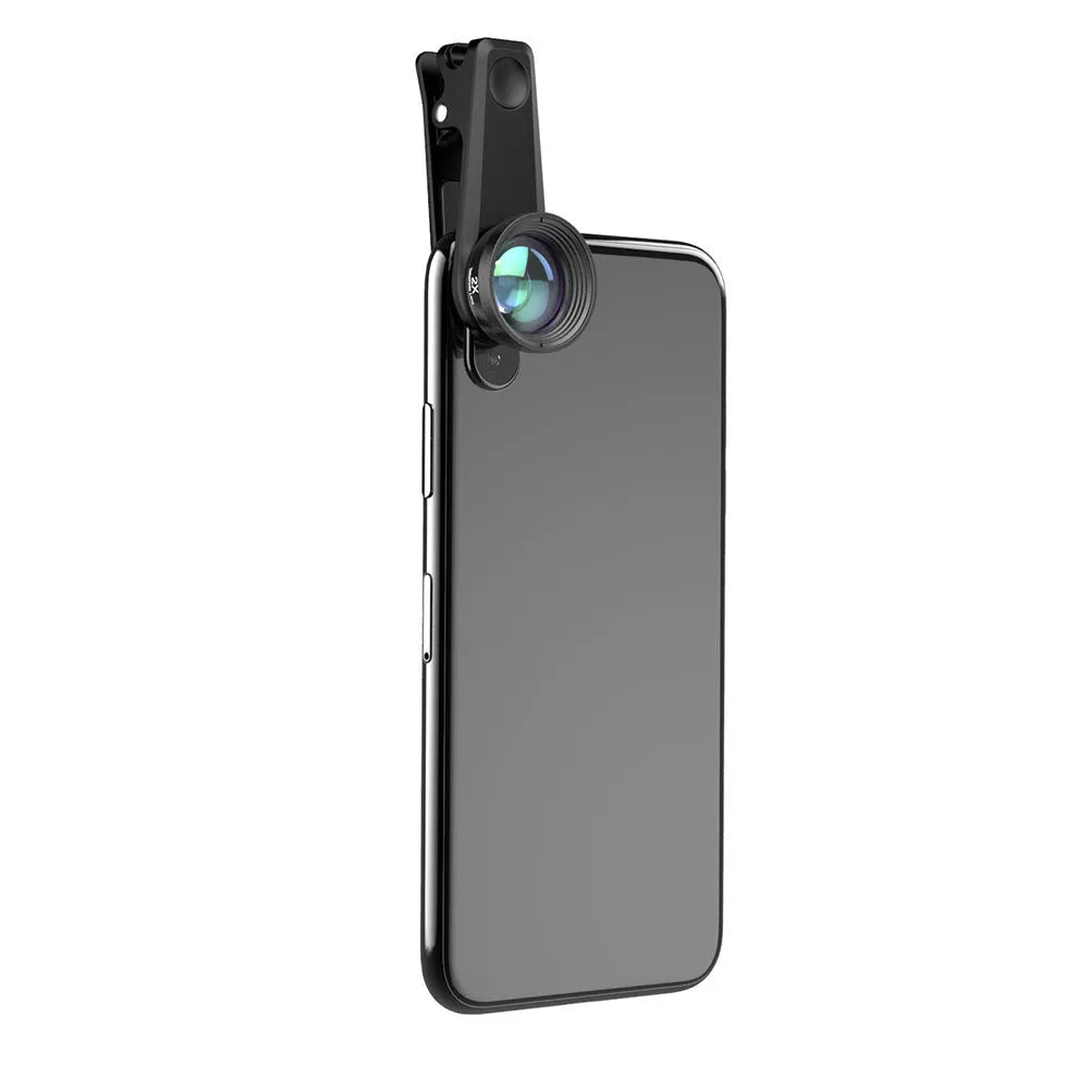 Black 6-in-1 smartphone camera lens kit with fisheye, wide-angle, macro, telephoto, CPL and star filter lenses and universal clip