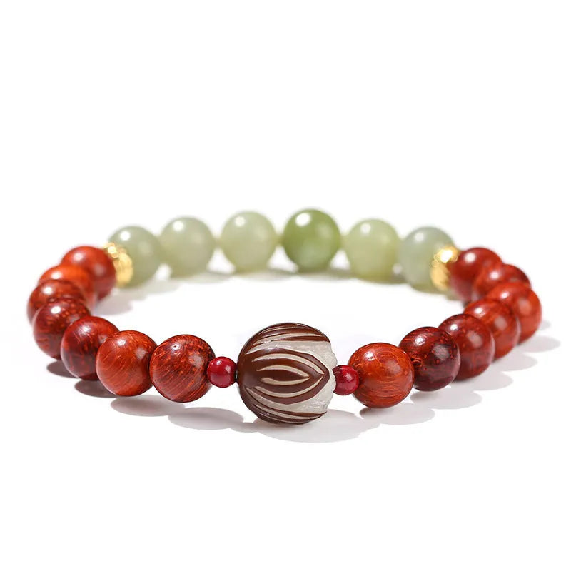 Red rosewood and grey jade Bodhi lotus bracelet with 8mm beads and 12mm charm.