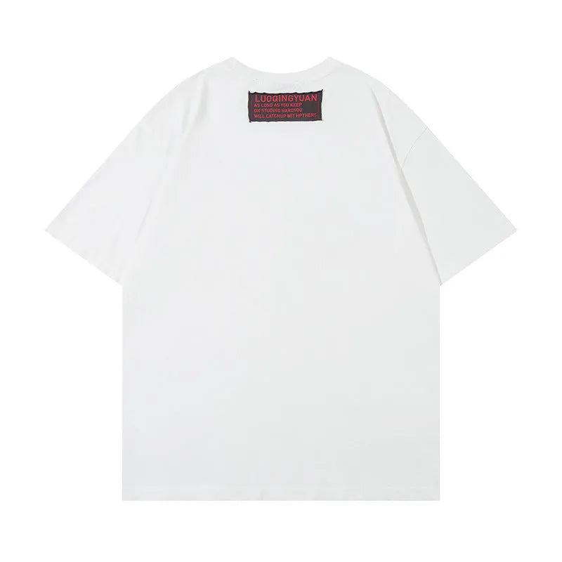 Men's letter affixed cloth embroidered printed short sleeve pure cotton t-shirt in white and black, front view, sizes M to XXL