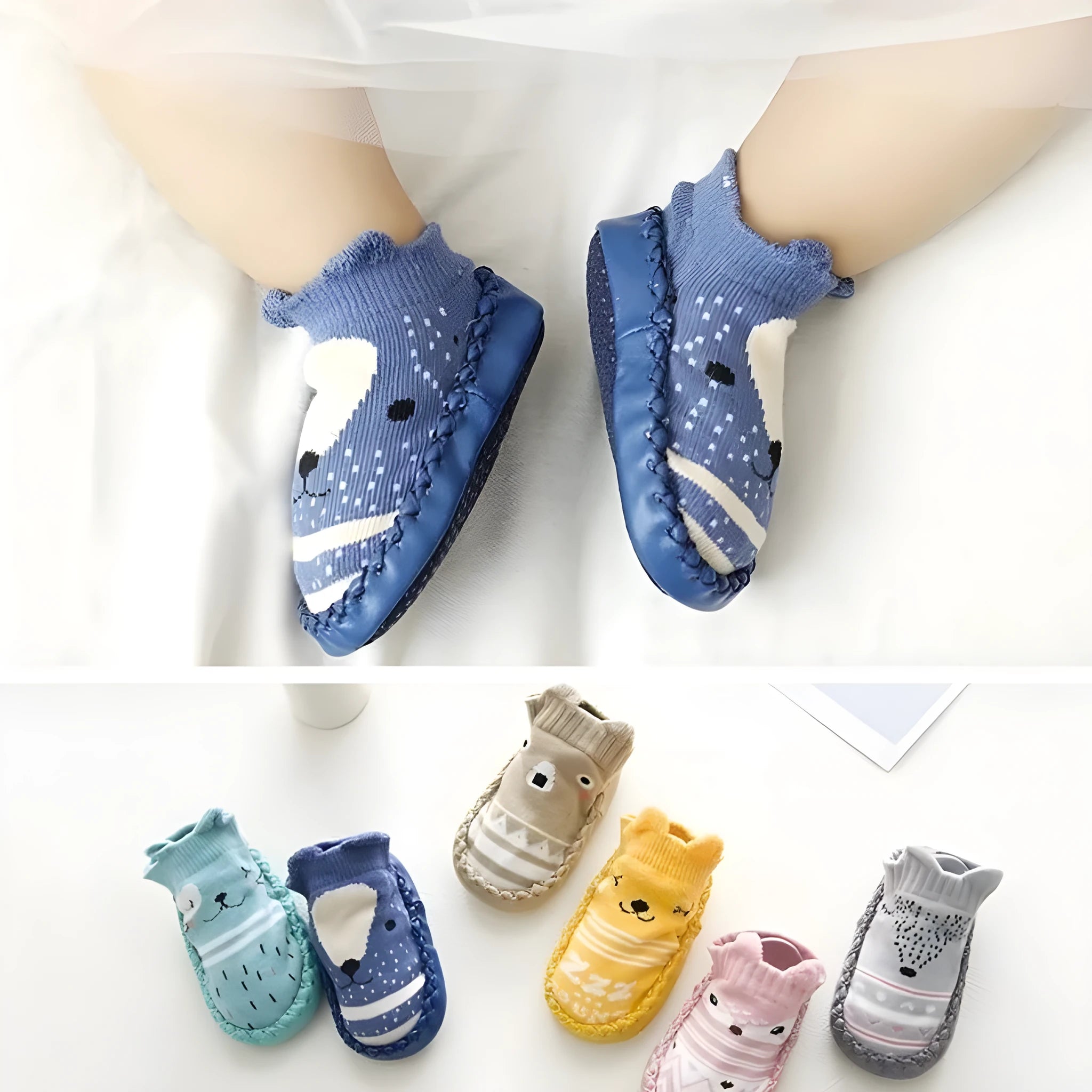 Pair of pastel coloured baby socks with anti-slip dots on the sole, shown flat.