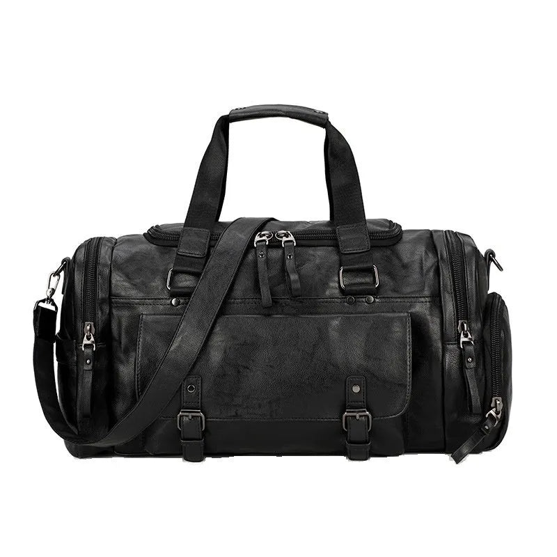 Large black travel holdall with a separate zippered shoe compartment at one end.