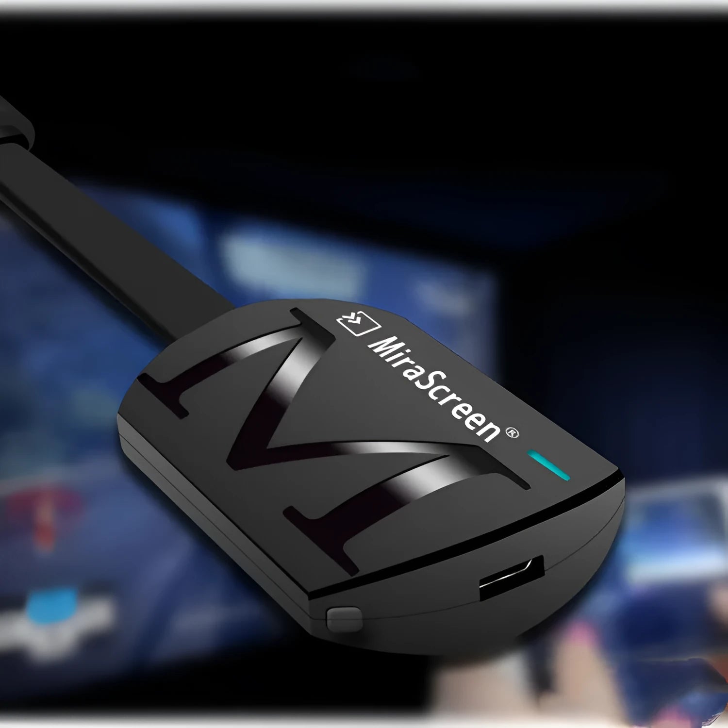Small black USB TV dongle for HDMI smartphone screen mirroring and HD video playback.