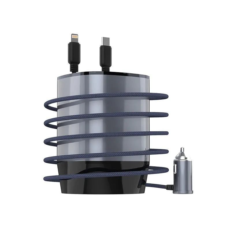 Grey matte black cup car charger with retractable cable and multiple charging ports