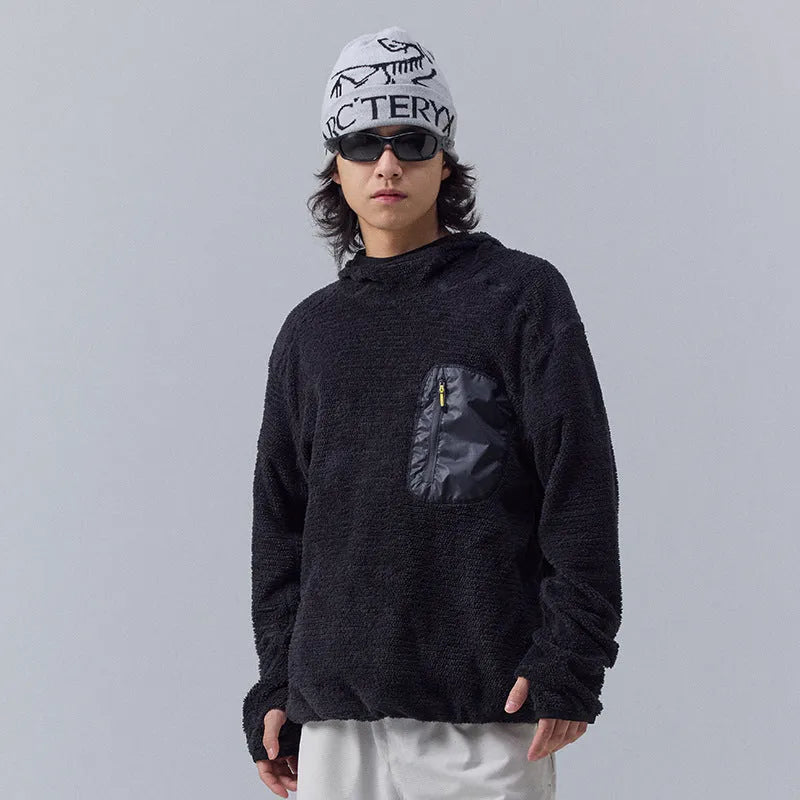 Breathable pullover hoodie for men – polyester fibre blend with zip pocket, black colour, front view