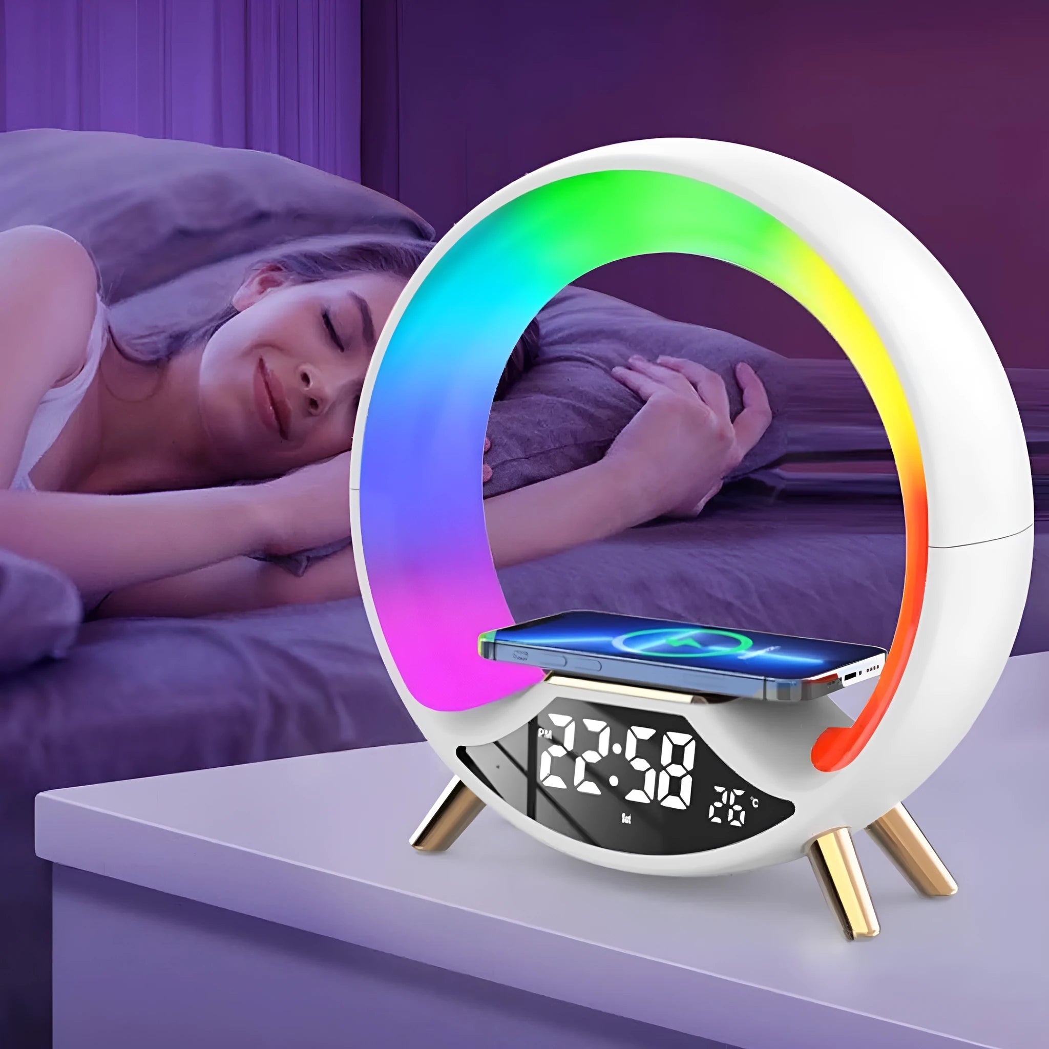 Multifunctional bedside lamp with wireless charging surface, Bluetooth speaker and adjustable night light in black, white or dark green