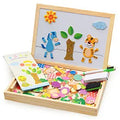 Wooden magnetic puzzle board with 100+ pieces including animal figures and drawing surface