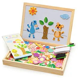 Wooden magnetic puzzle board with 100+ pieces including animal figures and drawing surface