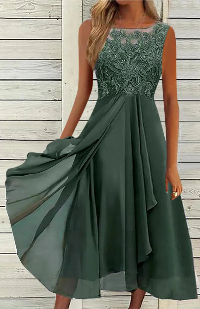 Women's sleeveless chiffon dress with lace hollow-out stitching in green, shown in a mid-length princess style.