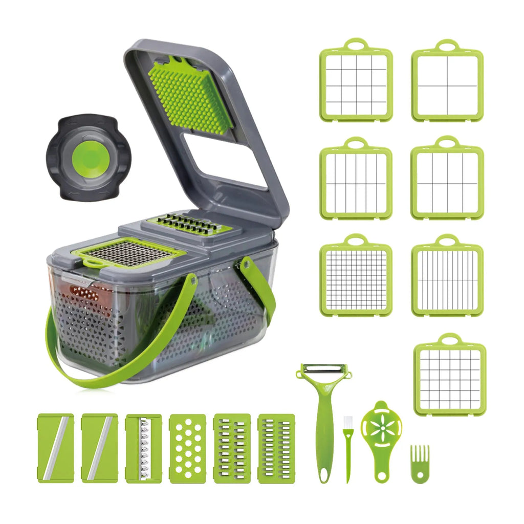 Grey multifunctional vegetable cutter with stainless steel blades, foldable compartments, and water filter basket on a kitchen countertop.