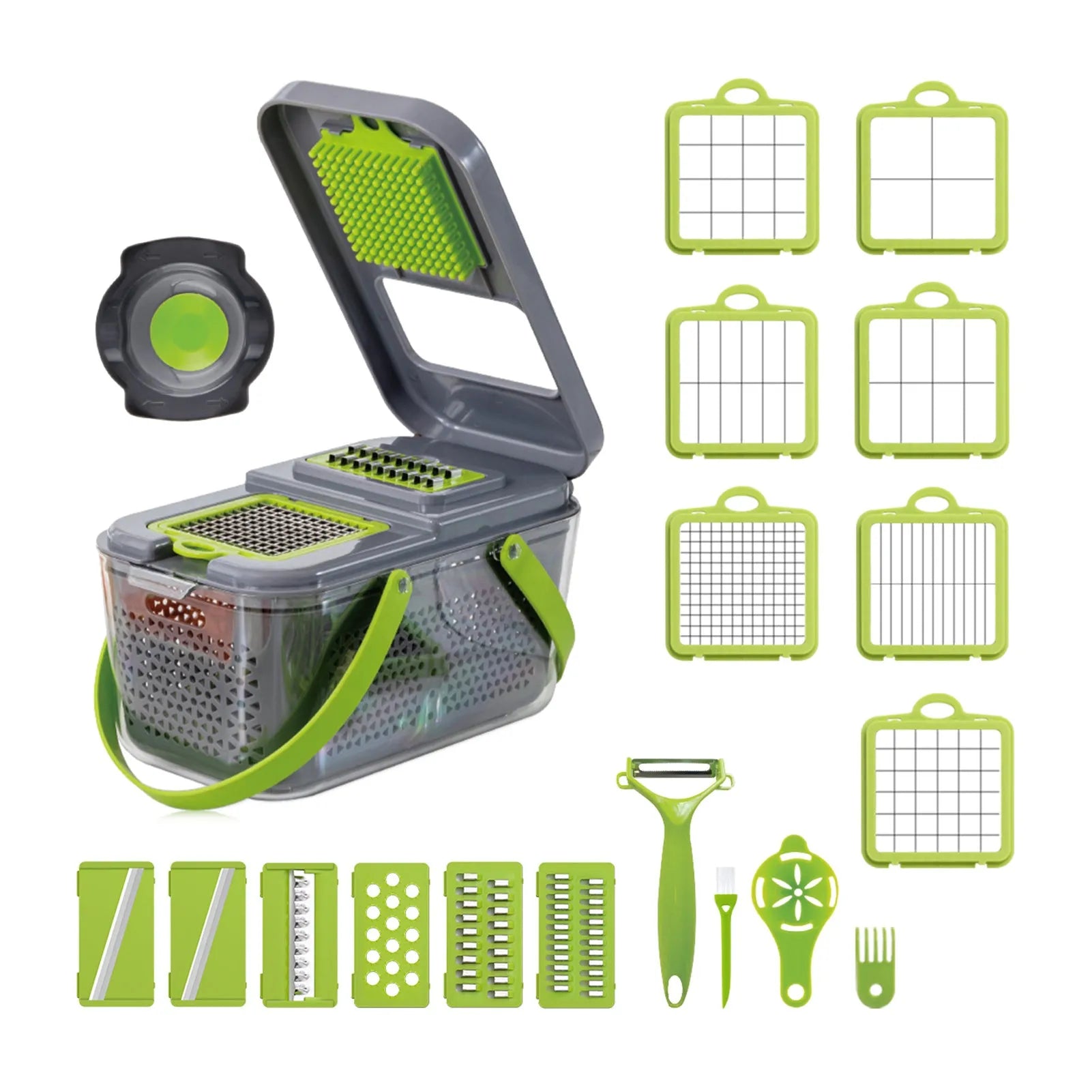 Grey multifunctional vegetable cutter with stainless steel blades, foldable compartments, and water filter basket on a kitchen countertop.