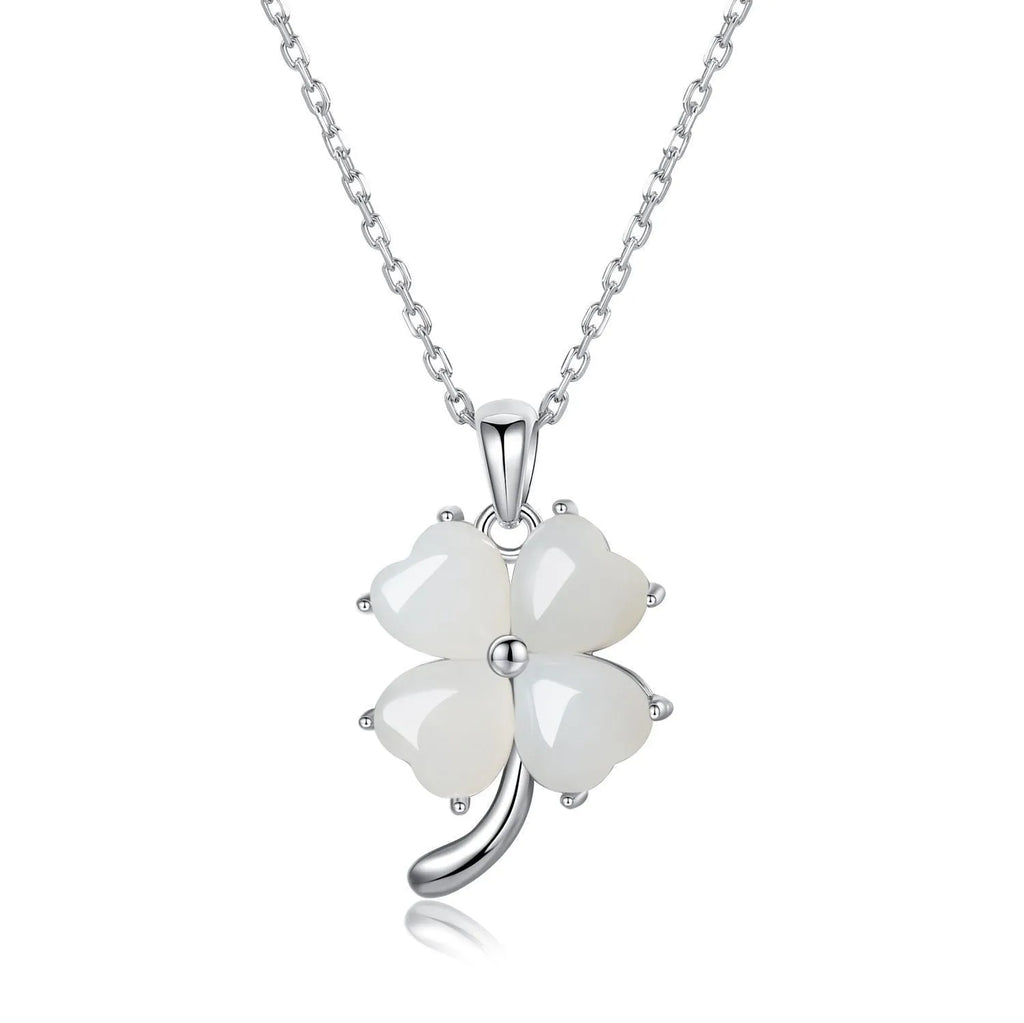 Women's four-leaf clover necklace with Hetian jade pendant on an adjustable sterling silver chain.