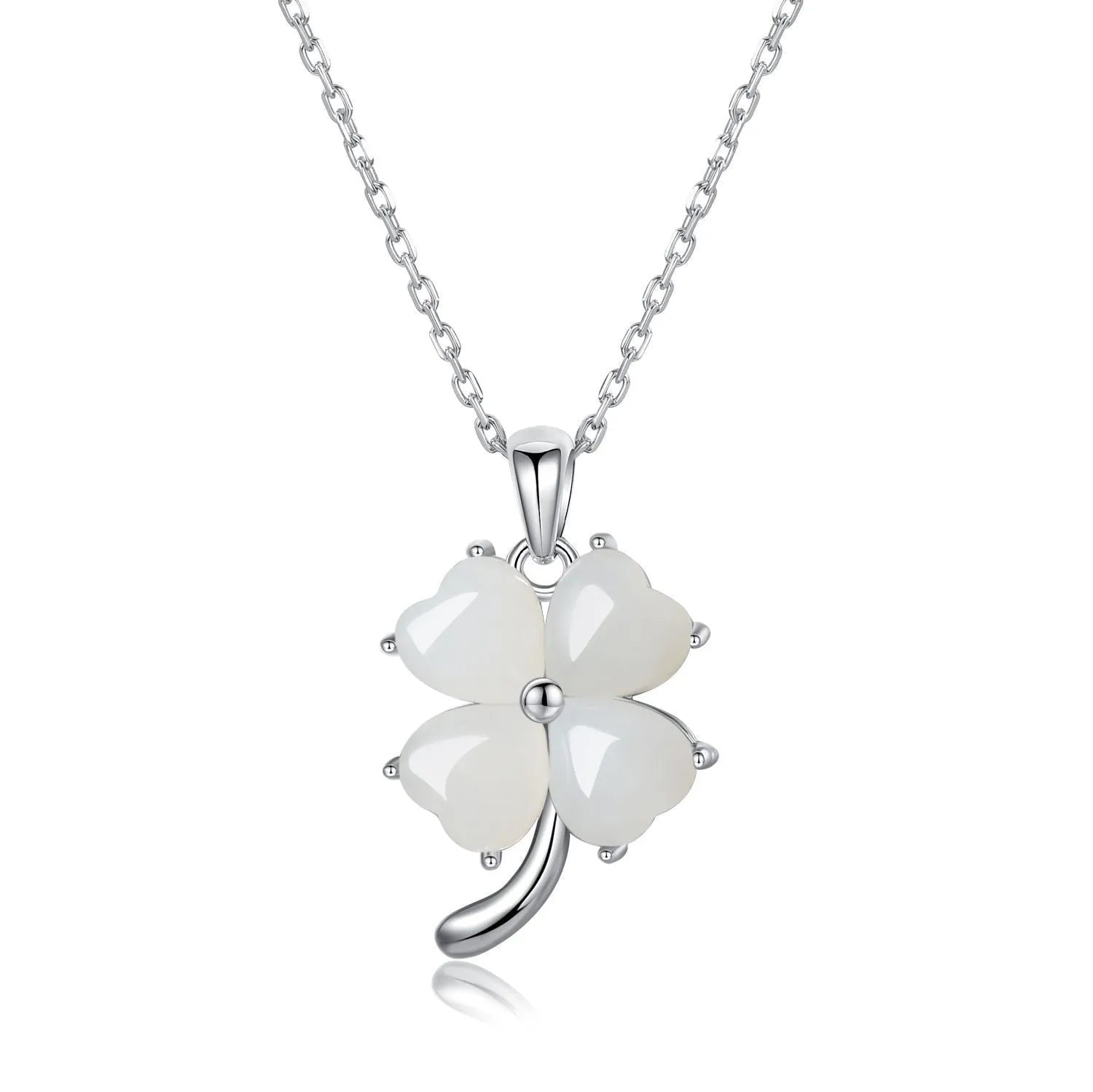 Women's four-leaf clover necklace with Hetian jade pendant on an adjustable sterling silver chain.