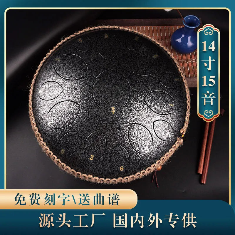 14-inch 15-tone hollow drum percussion instrument in malachite green finish on a wooden surface