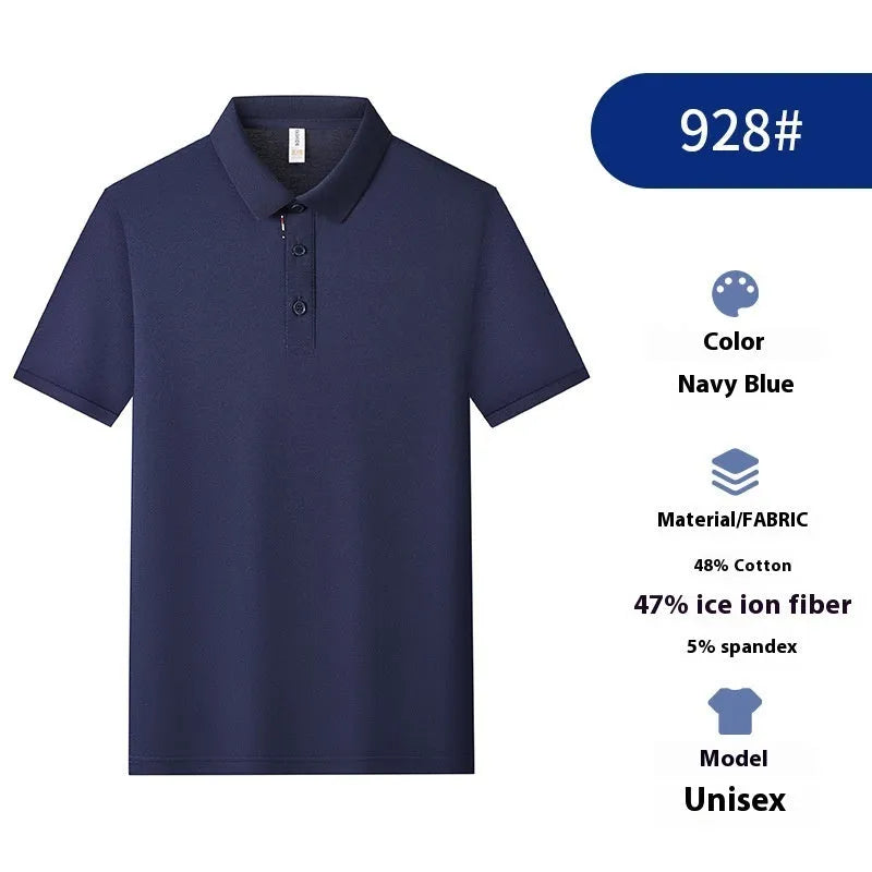 Solid colour catering work polo shirt in ice silk fabric on a hanger, showing short sleeves and regular fit.