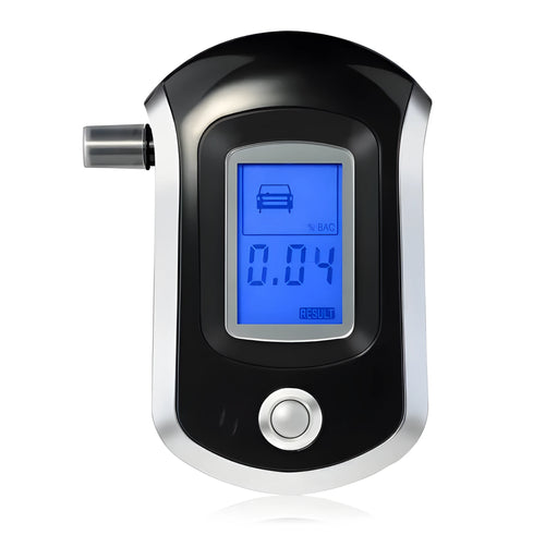 Black portable alcohol breathalyser tester with digital screen and mouthpiece