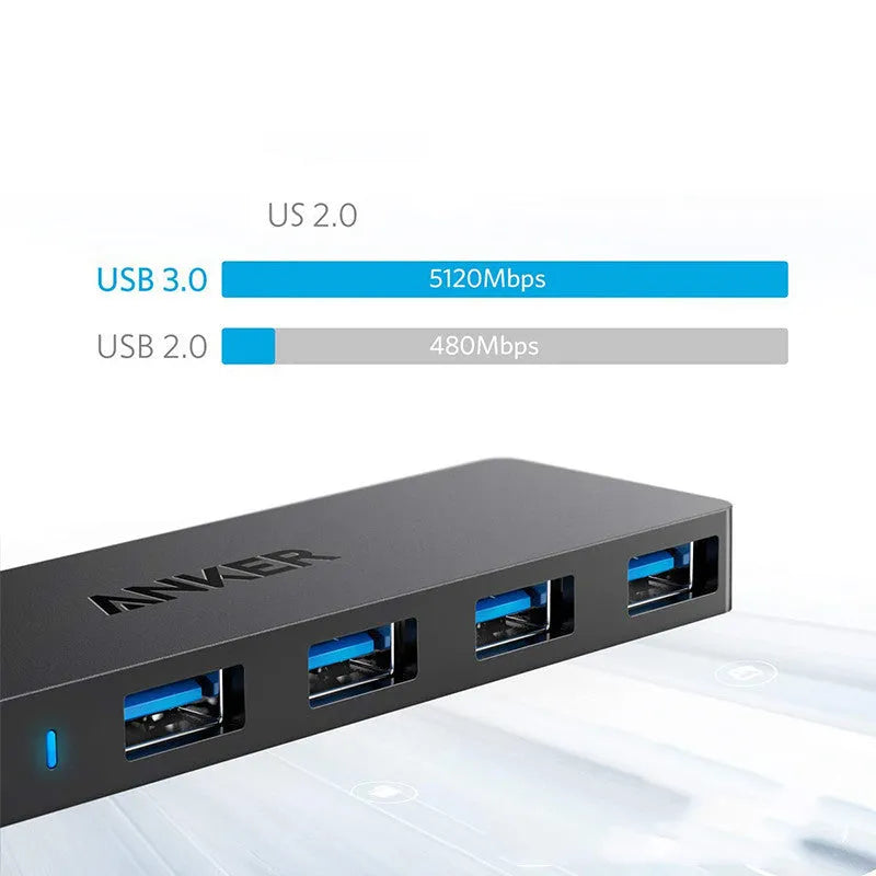 Black Anker 4-port USB 3.0 hub with aluminium casing and 20 cm connecting cable