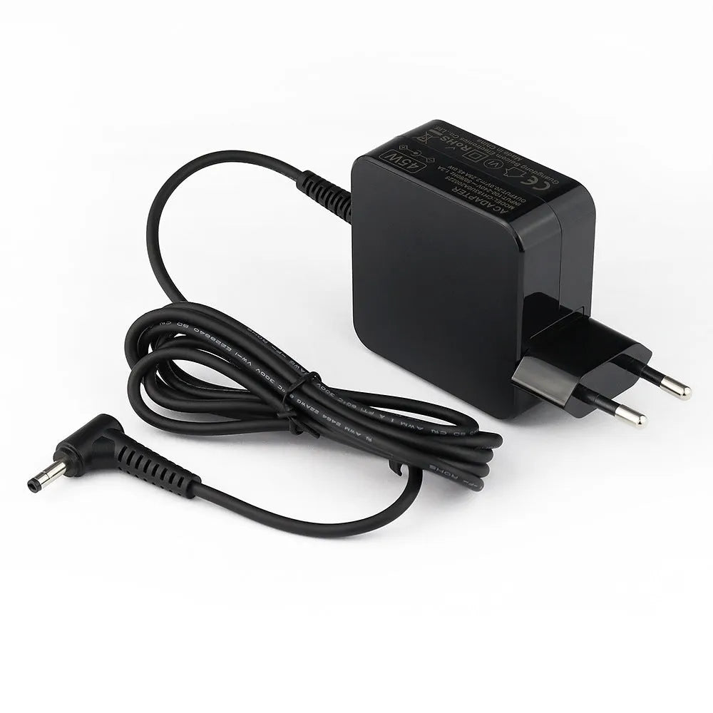 Black Hua 45W laptop adapter with US and EU plug options showing compact dimensions