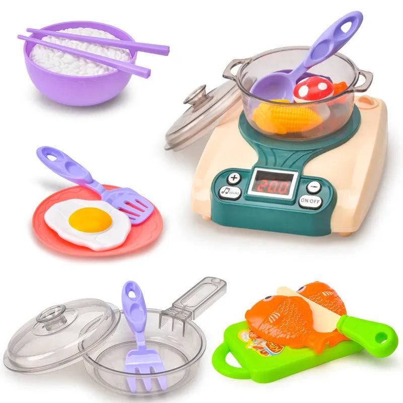 Blue plastic children's play house kitchen toy with simulated induction cooker for infants