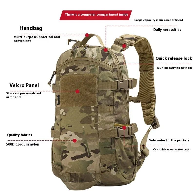 All Terrain Camouflage 20L nylon backpack with YKK zippers and curved shoulder straps