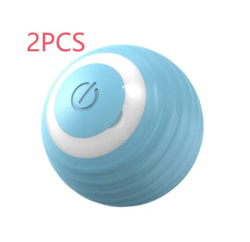 Blue and pink automatic rechargeable moving ball cat toy on a floor.