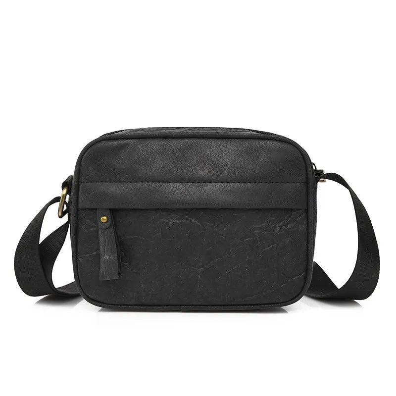 Men's waterproof paper crossbody bag in European retro style available in black, brown, and silver