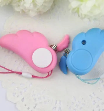 Blue personal security alarm clipped to a handbag strap, compact size 6cm x 3cm