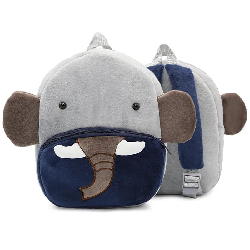 Children's plush animal backpack measuring 26x24x10cm with zipper opening and interior pocket