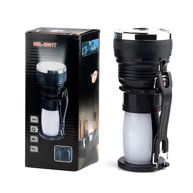 Black solar charging LED emergency flashlight with USB port for outdoor activities