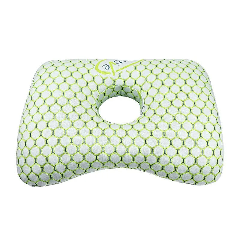 Beauty salon single hole ear pillow for adults in grey plaid pattern, showing dimensions.