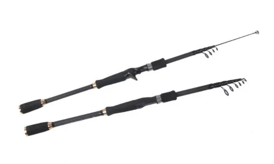 Telescopic carbon fishing rod with matte coating and reel seat on a lakeside bank