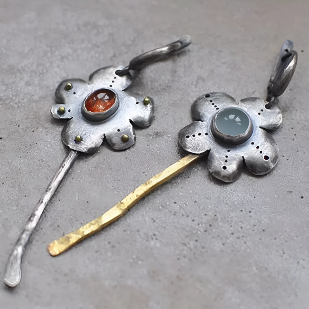 Two-tone geometric retro alloy earrings with asymmetric flower design