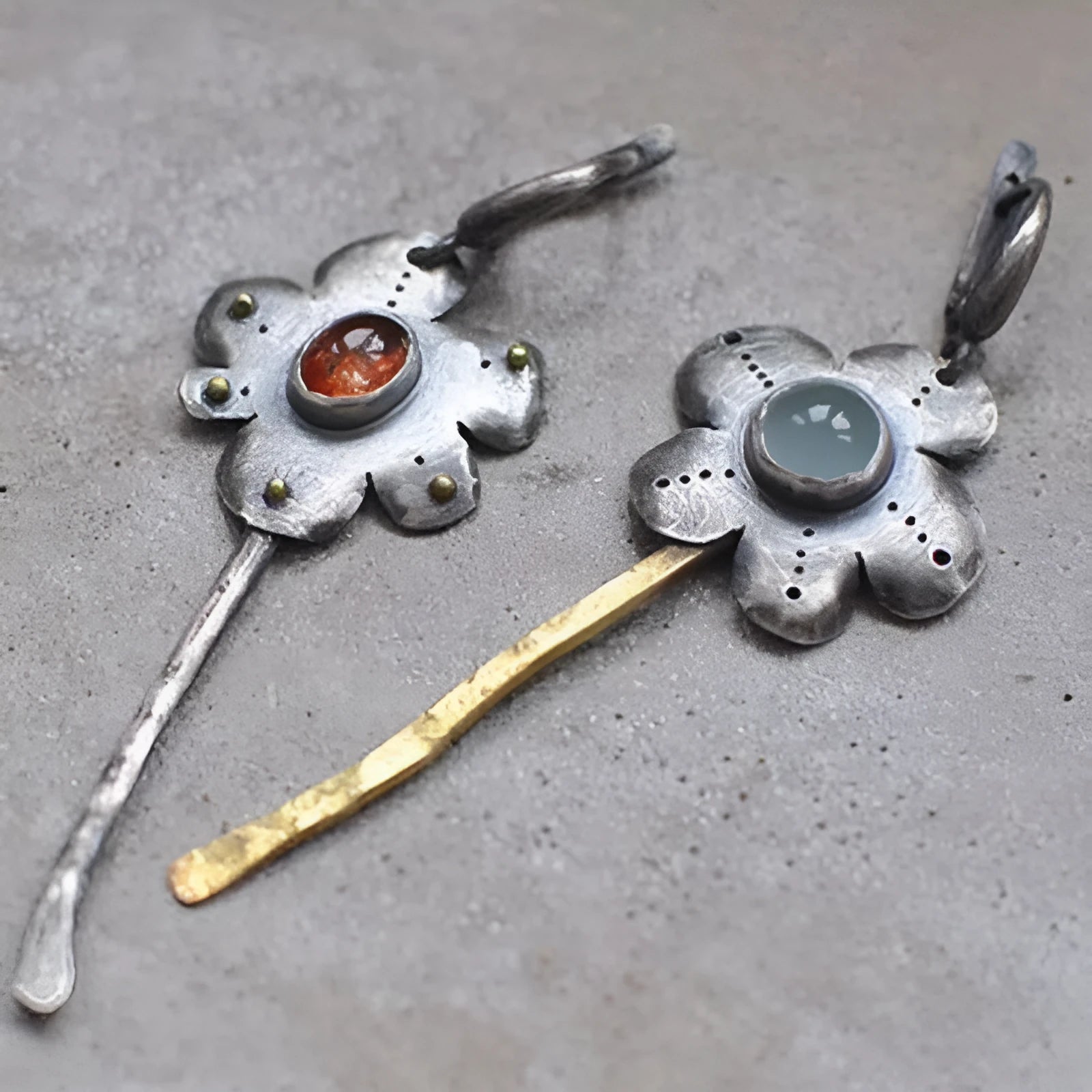 Two-tone geometric retro alloy earrings with asymmetric flower design