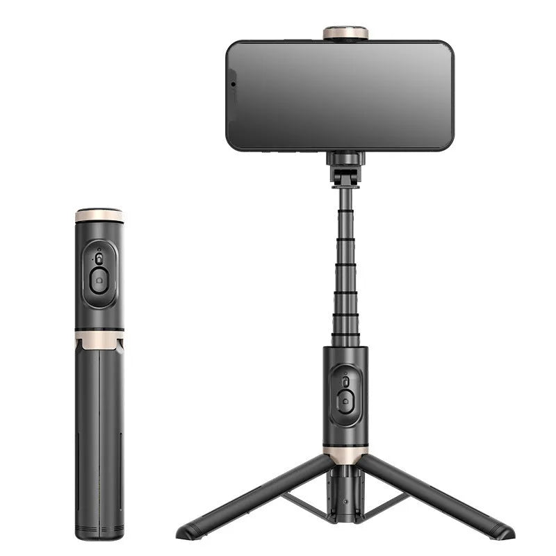 Black aluminium alloy selfie stick with built-in fill light, Bluetooth remote, and extendable arm for mobile phone