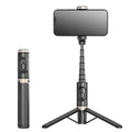 Black aluminium alloy selfie stick with built-in fill light, Bluetooth remote, and extendable arm for mobile phone