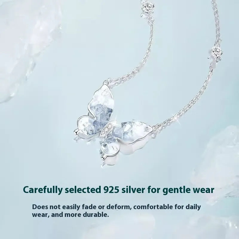Silver Bingyu butterfly necklace on display, showing adjustable O-ring chain and detailed ice rain pendant.