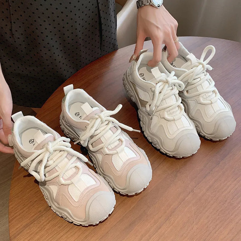 Women's casual mesh board shoes sneakers in beige with low-top silhouette, round toe, and front lacing