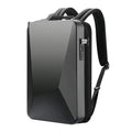 Titanium silver hard-shell men's backpack with combination lock on front, showing organised interior with laptop sleeve.