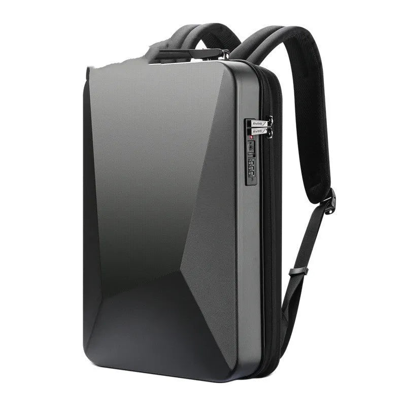 Titanium silver hard-shell men's backpack with combination lock on front, showing organised interior with laptop sleeve.