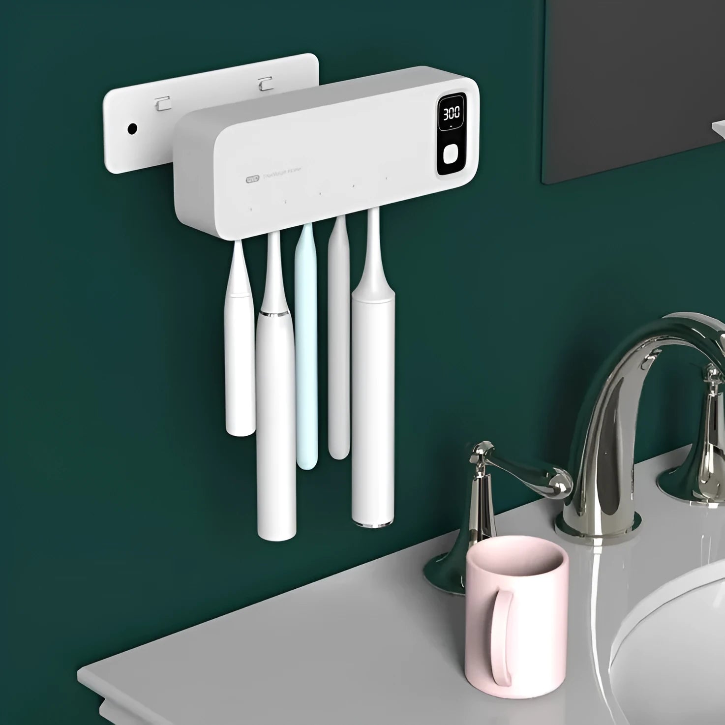 UV toothbrush holder steriliser with LED display attached to wall, showing countdown, black colour
