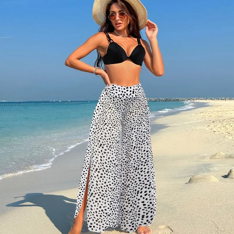 Women's three-piece bikini swimsuit set in polyester fabric with printed pattern design