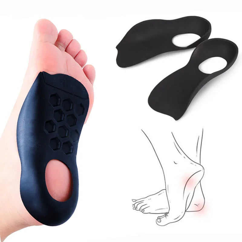 White, black, and skin colour arch support insoles for varus correction, showing TPR material and S/L arch sizes.