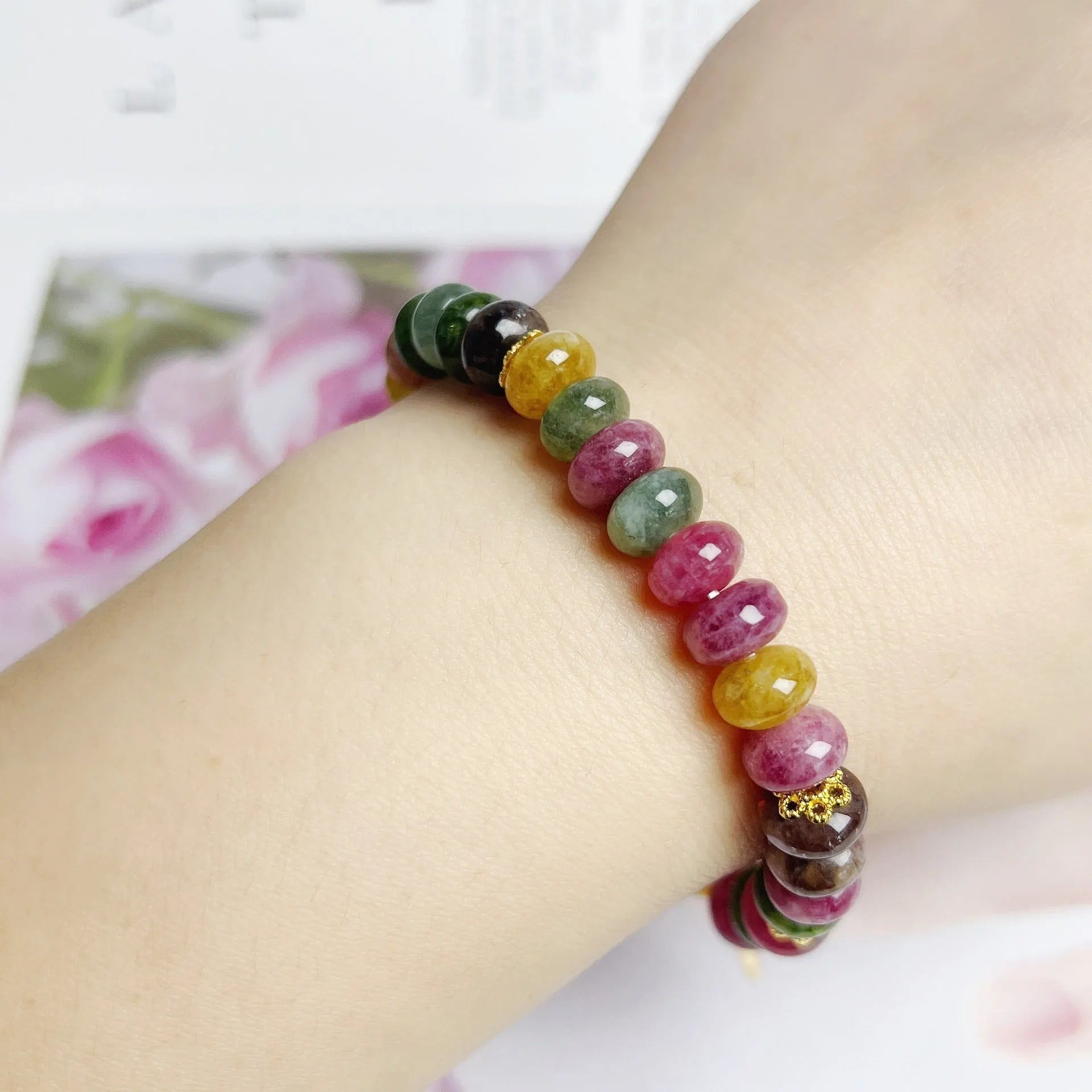 Women's bracelet with colourful tourmaline abacus beads and artificial crystal jade beads in hand-crafted design