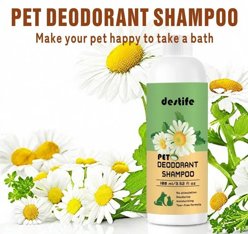 100ml bottle of deodorising shampoo and conditioner for washing dogs and cats.